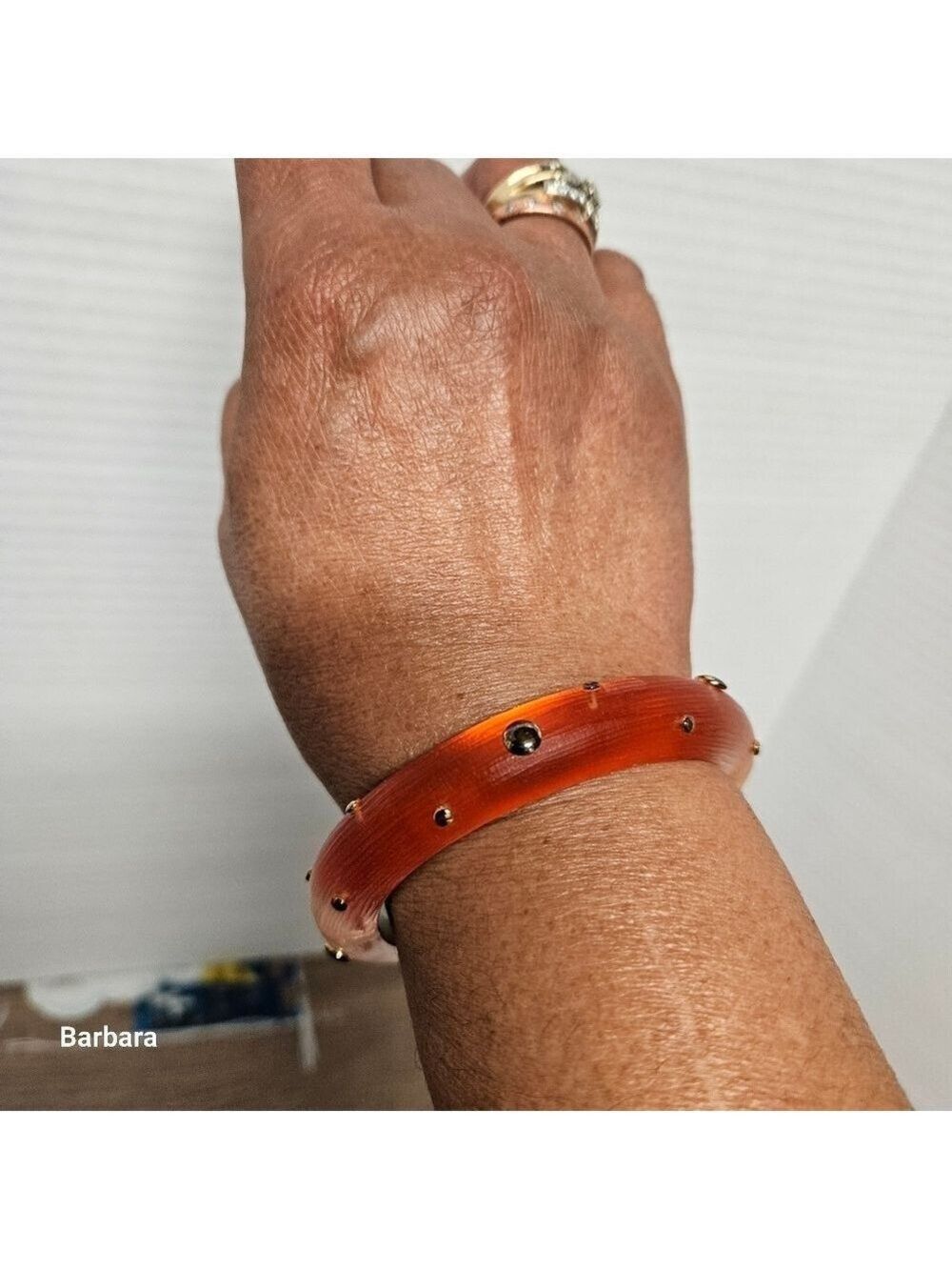Alexis Bittar Frosted Orange/Red Studded Hinged Lucite Bangle Bracelet